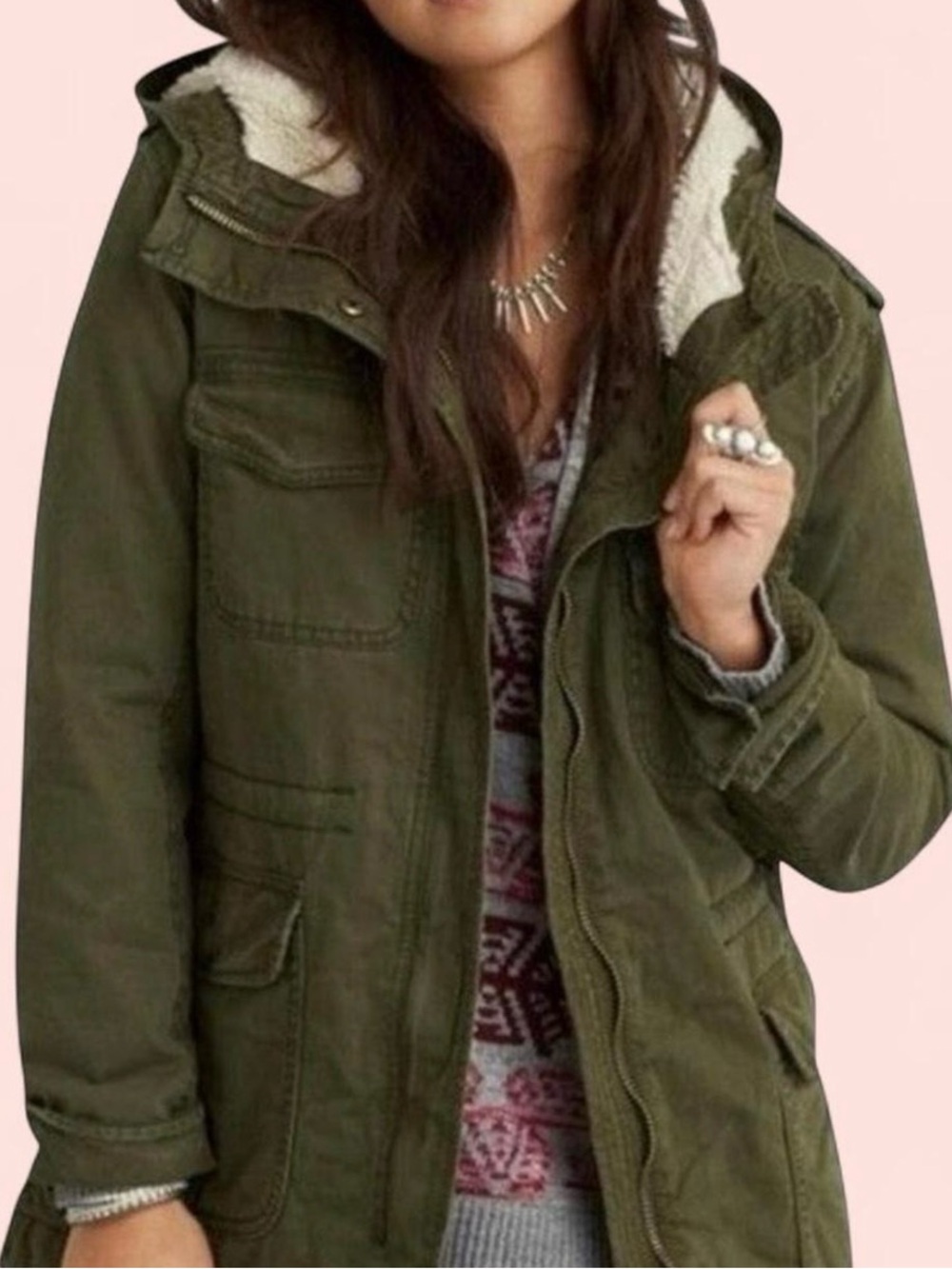 American Eagle Outfitters Quilted Cotton Field Jacket Sherpa Lined Hood